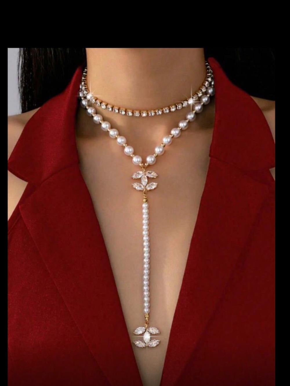 Gold-Tone Pearl Drop Lariat Necklace with Crystal Accents - White